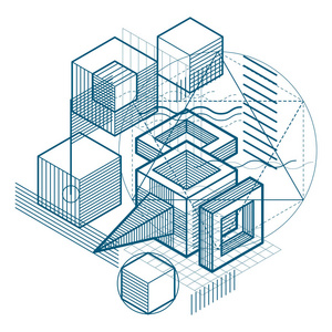 抽象三维形状组合矢量等距背景。 立方体六边形矩形和不同抽象元素的组成。