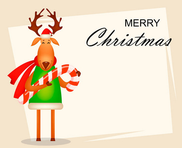 圣诞贺卡。 滑稽的鹿戴着圣诞老人的帽子和红领巾。 可爱的卡通人物拿着糖果拐杖。 矢量插图