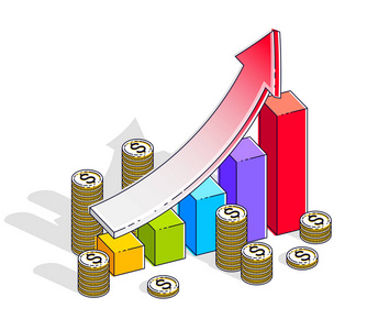 现金收入成功和收入增加概念增长图数栏与现金货币堆栈隔离在白色背景