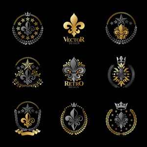 皇家符号百合花徽。 纹章矢量设计元素集合。 复古风格标签纹章标志。