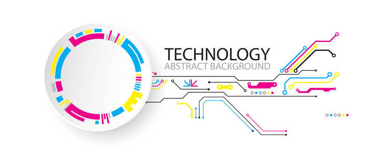 具有各种要素的抽象技术背景。 CMYK概念。 向量