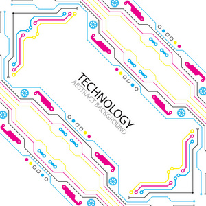 具有各种要素的抽象技术背景。 CMYK概念。 向量