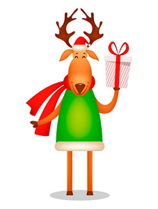 圣诞贺卡。 滑稽的鹿戴着圣诞老人的帽子和红领巾。 可爱的卡通人物拿着礼品盒。 白色背景矢量插图