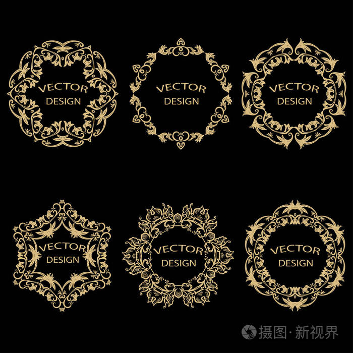 一套巴洛克风格的圆形装饰品. 华丽的黄金框架的标志婚礼请柬.