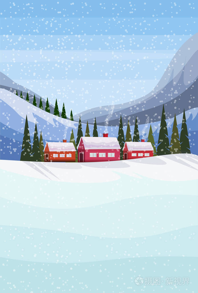 小村庄房子冻结河冬天雪山山冷杉树森林风景背景垂直平