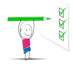 卡通人物用绿色铅笔在问卷中做笔记.照片