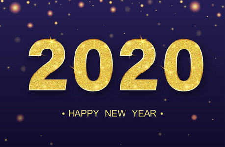 蓝色快乐新年2020贺卡与金色闪亮的数字