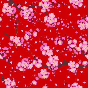 红色背景上粉红色开花树枝的无缝图案。 用樱花或梅花进行无尽的纹理装饰。 矢量平面插图。