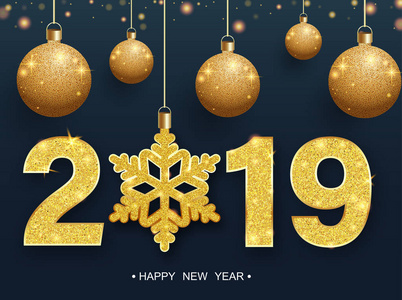 新年快乐2019年海报与金色的圣诞球和雪