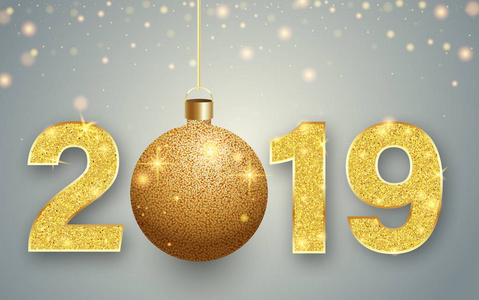 快乐的新年2019年贺卡与金色闪亮的圣诞巴