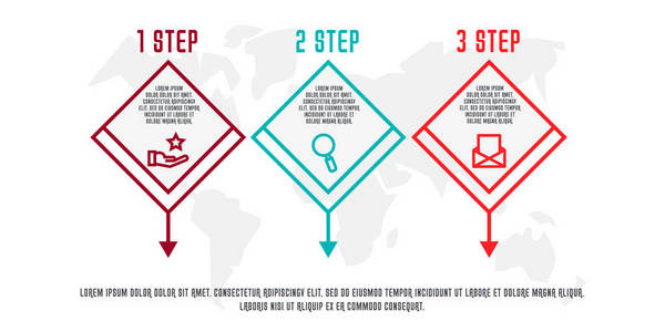 平线矢量插图。 信息模板与三个元素四边形与图标。 设计用于业务演示，网页设计流程图培训，有3个步骤。