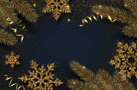 圣诞节和新年闪亮的背景与金色的雪花