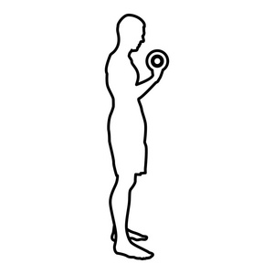男子用哑铃做运动动作男子锻炼剪影侧视图黑色矢量插图平面风格简单图像轮廓