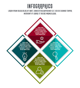 平面矢量插图。 信息模板与四个元素四边形与图标。 设计用于业务演示，网页设计，流程图培训，有4个步骤。