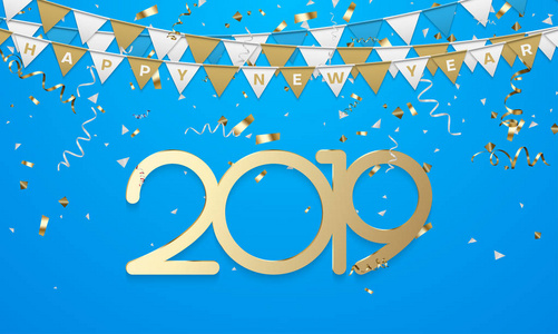 蓝色快乐新年2019年横幅与纸旗和五彩纸屑