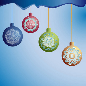 四个圣诞树球，绳子上有雪花，画在浅蓝色的背景上