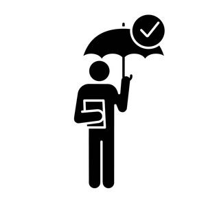 可靠性字形图标。 商业保险。 商业安全和安保。 商人拿着雨伞和支票。 剪影符号。 负空间。 矢量孤立插图