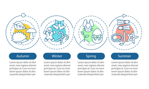四季矢量信息模板。 冬天，秋天，春天，夏天。 介绍。 数据可视化有四个步骤和选项。 进程时间轴图。 线性图标的工作流布局