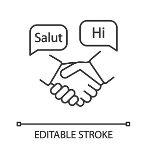 外语为商业线性图标。 商务沟通技巧。 细线插图。 握手和言语泡沫与你好。 谈判。 矢量孤立绘图。 可编辑行程