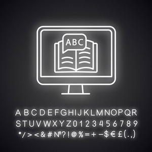 在线语言学习霓虹灯图标。 拼写检查。 外语课程。 远程教育。 学习。 在线课程。 发光的符号与字母表数字。 矢量孤立插图