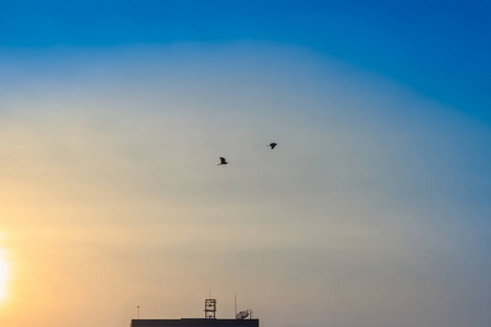 橙色日落天空超过建筑背景。 日落时的黄色天空背景。