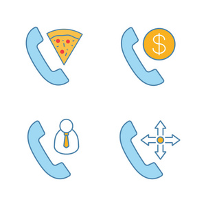 电话服务颜色图标设置。 披萨快递客户服务电话费。 孤立矢量插图