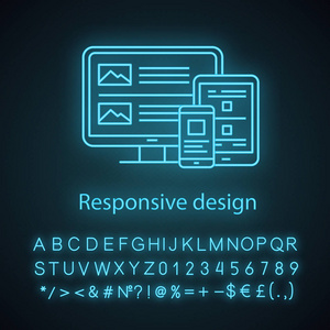 响应网站设计霓虹灯图标。 网页设计。 手机平板电脑和台式电脑的现场建设。 网站开发。 发光的符号与字母表数字。 矢量孤立插图