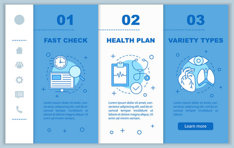 医疗服务入职移动网页矢量模板。 诊断。 医学检查。 医疗保健和医学。 响应智能手机网站接口理念。 网页演练步骤屏幕