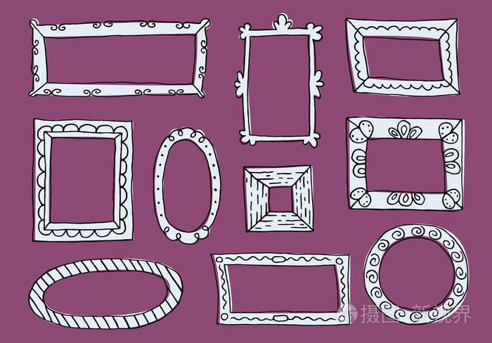 一组手绘草图框架. 矢量图.