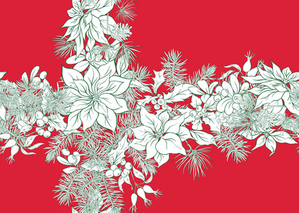 无缝图案背景与冷杉枝，花卉和浆果圣诞装饰。 轮廓手绘矢量插图。 红色绿色和白色