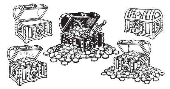 金素描一套海盗宝箱在素描风格开放和关闭, 空和充满金币和珠宝