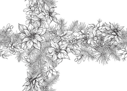 无缝图案背景与冷杉枝，花卉和浆果圣诞装饰。 图形绘图雕刻风格。 矢量图。