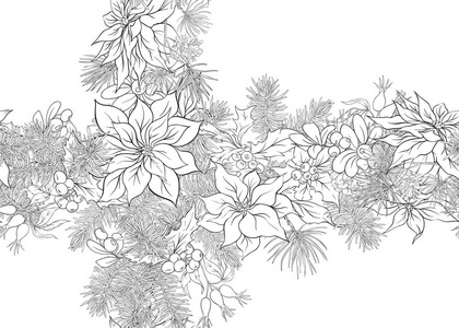 无缝图案背景与冷杉枝，花卉和浆果圣诞装饰。 轮廓手绘矢量插图。
