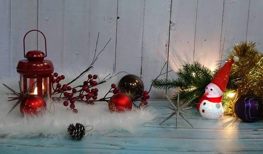 s decor. Christmas composition of Christmas tree, candles, toys 