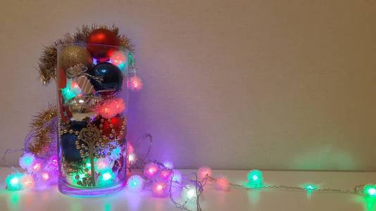 s decor. Christmas composition of Christmas tree, candles, toys 