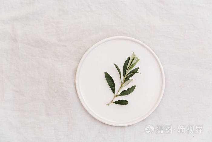 亚麻布背景瓷盘上橄榄枝的俯视图