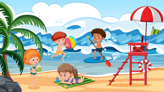 孩子们在海滩上玩得很开心戴着帽子的女孩和海边的泳装.