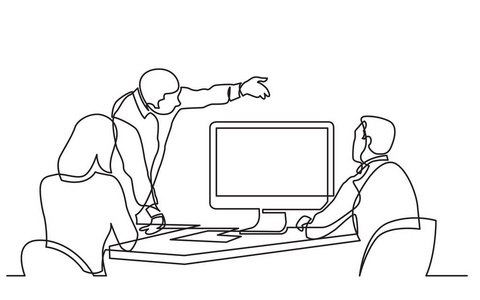 业务团队成员在大屏幕上讨论工作流程的连续线图照片