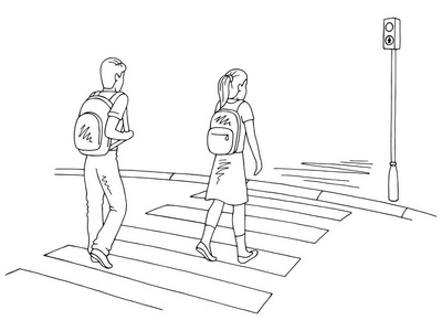 儿童走在人行横道图黑白街道素描插图矢量照片
