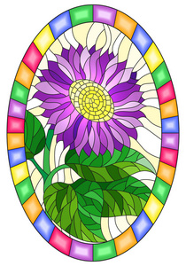 彩色玻璃风格的插图，紫色的花在黄色背景上，明亮的框架，椭圆形的图像