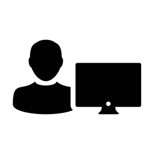 办公室图标矢量男性用户，带有电脑显示器屏幕头像，平面颜色，象形文字符号插图
