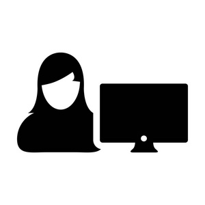 雇员图标矢量女性用户与电脑显示器屏幕化身平面颜色在象形文字符号插图