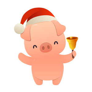可爱的卡通圣诞猪抱铃白色背景新年贺卡