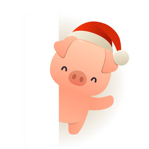 圣诞老人帽子后面的快乐搞笑猪，空白招牌卡通人物，白色文案空间