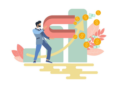 磁铁钱商人用磁铁吸引金钱收入.简约扁平化风格的商业隐喻.