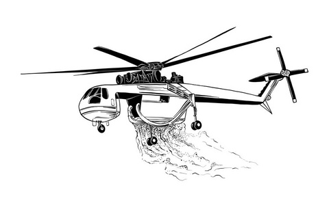手绘专业消防直升机在白色背景上隔离的草图.详细的复古蚀刻风格图纸.