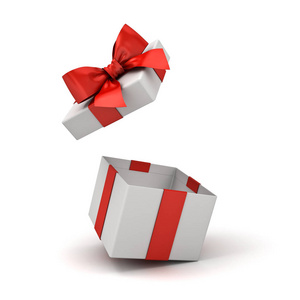 打开礼品盒或空白礼品盒与红色丝带弓隔离白色背景与阴影3D渲染。
