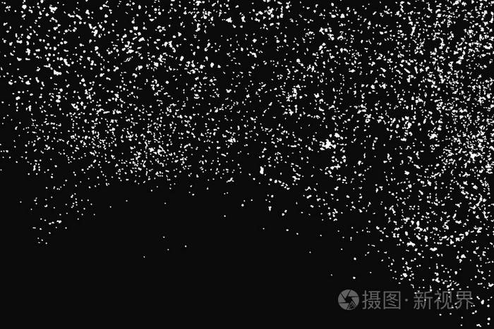 白色粒状纹理孤立在黑色背景上. 灰尘覆盖. 浅色噪声颗粒.