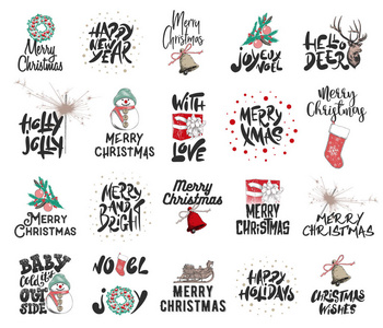 矢量雕刻风格插图与排版和刻字邮票贴纸标志。 手绘圣诞快乐和2019年新年快乐的白色背景。 详细的复古蚀刻图纸。