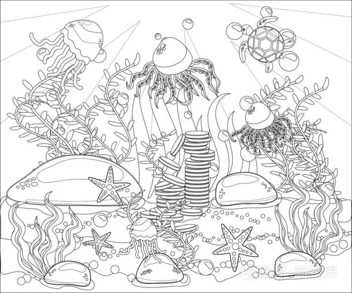 插画 水下世界. 成人防应力着色书. 轮廓绘图着色页. 黑白的禅宗风格.